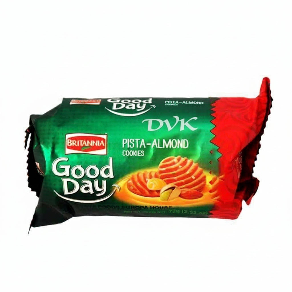 Pack of Britannia Good Day Pista-Almond cookies on a white background
