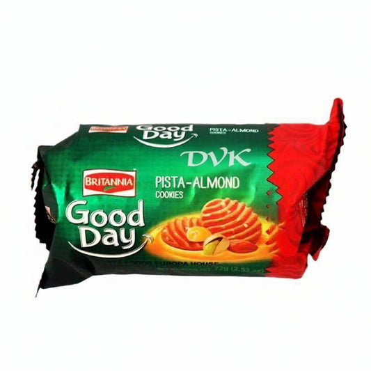 Pack of Britannia Good Day Pista-Almond cookies on a white background