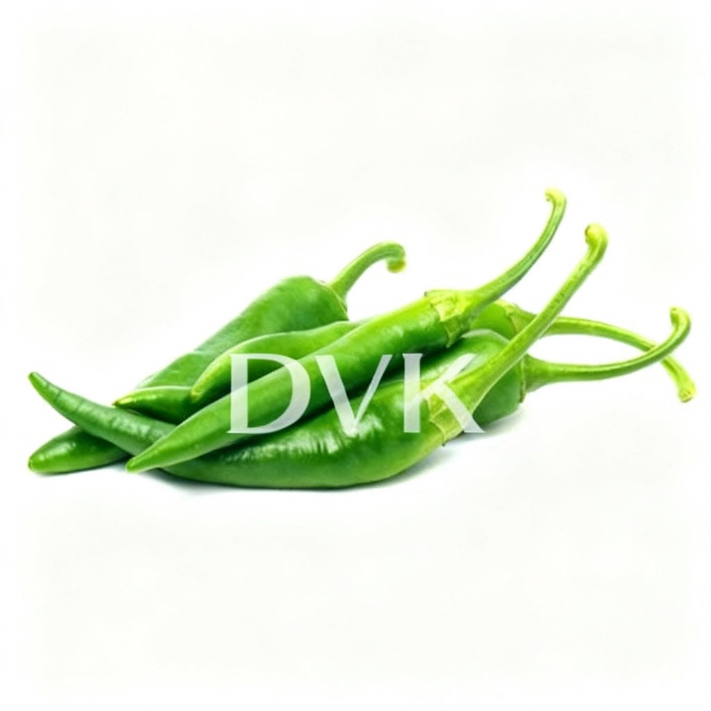 Green chilies on a white background with 'DVK' branding.