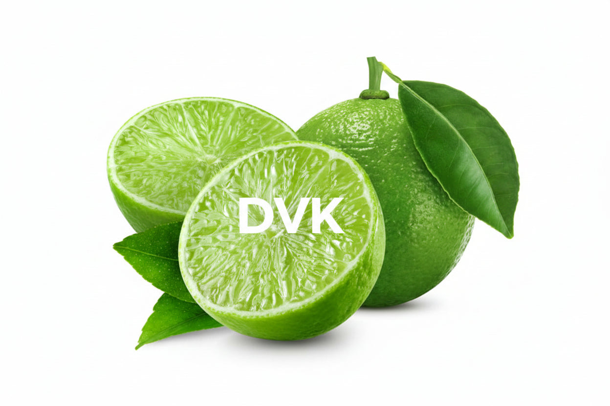 Green limes with one sliced open on a white background, featuring the brand 'DVK's'.