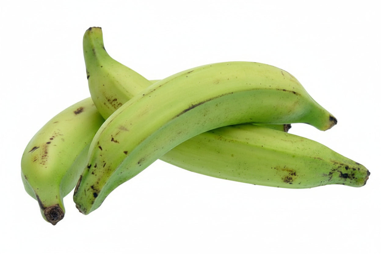 Two green bananas with branding on a white background