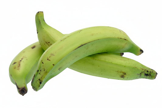Two green bananas with branding on a white background