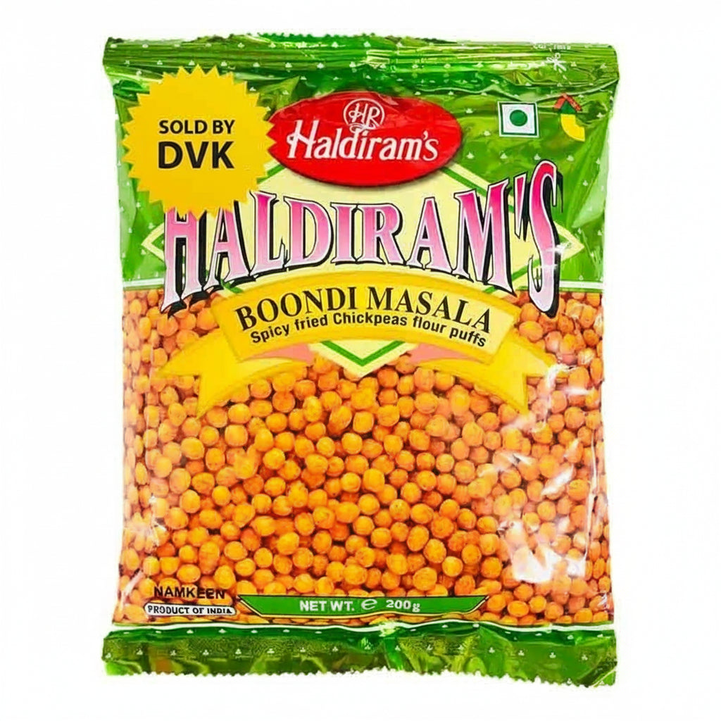 Haldiram's Boondi Masala packaging with chickpeas visible through the transparent window.