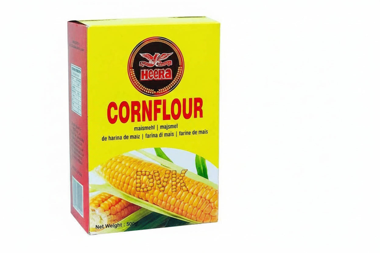 Box of Heera cornflour with corn images on a white background