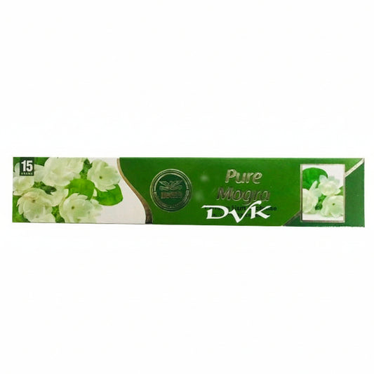 Pure Mogra incense stick box with green design and white flowers on a white background