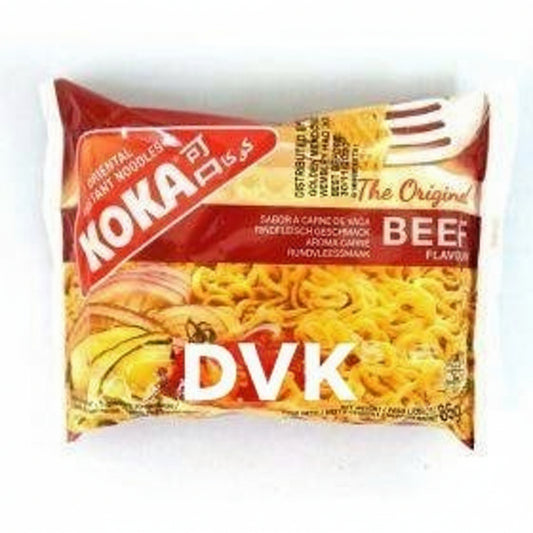 Koka beef flavor noodle package on a white background