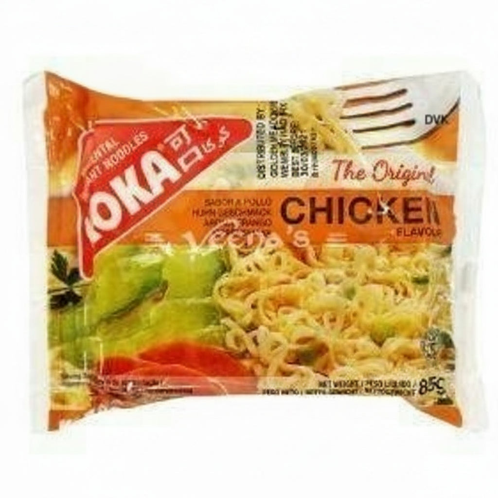 Packaged noodles with chicken flavor on a white background