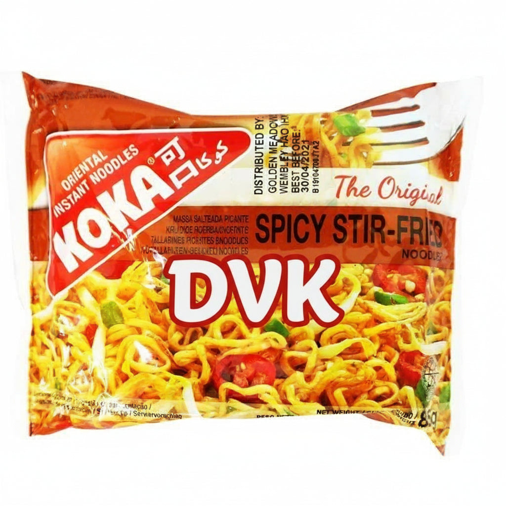 Packaged Koka noodles with spicy stir-fried flavor on a white background