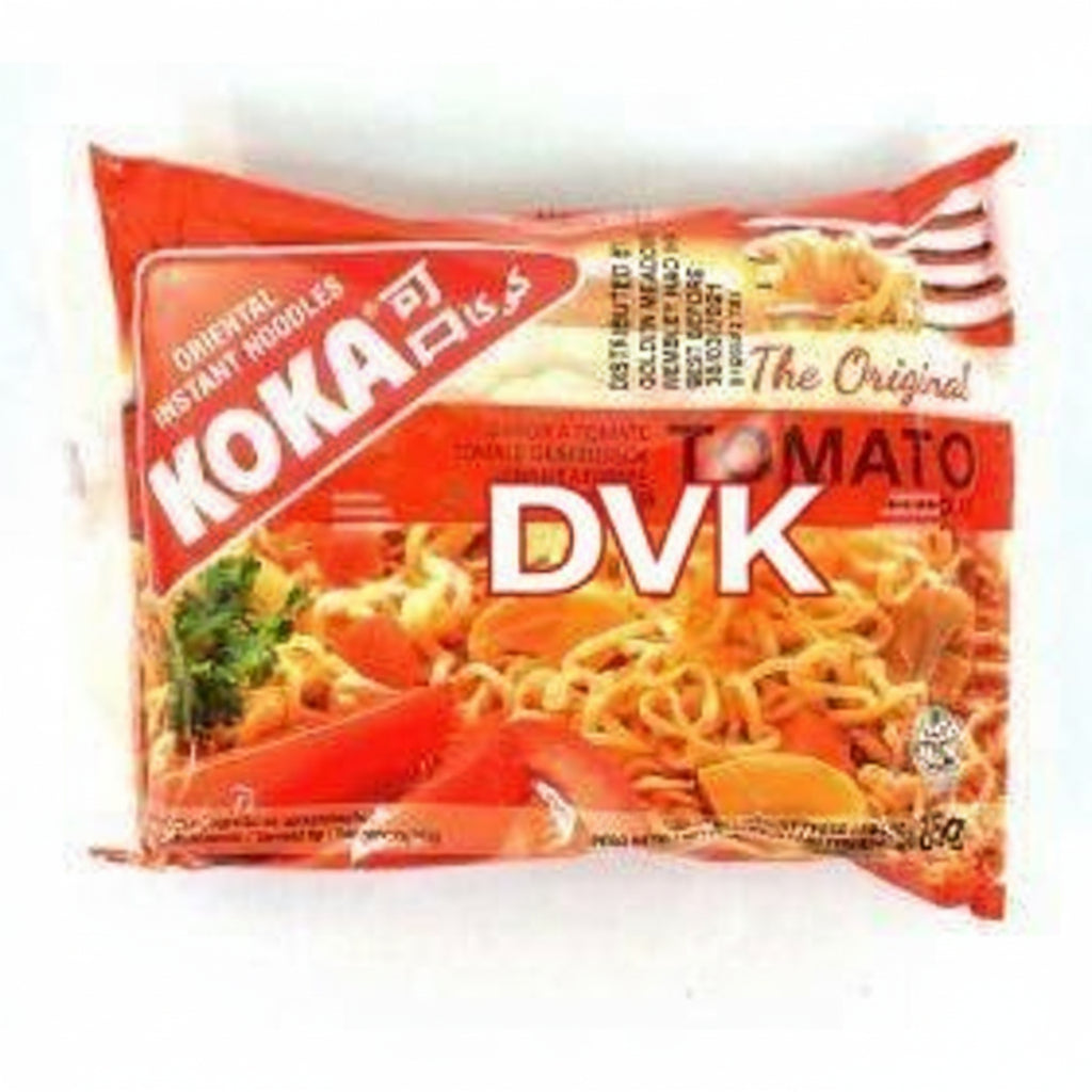 Koka brand instant noodles packaging with tomato flavor on a white background