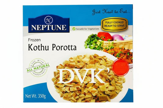 Neptune Kothu Porotta packaging with a bowl of food and vegetables on a white background