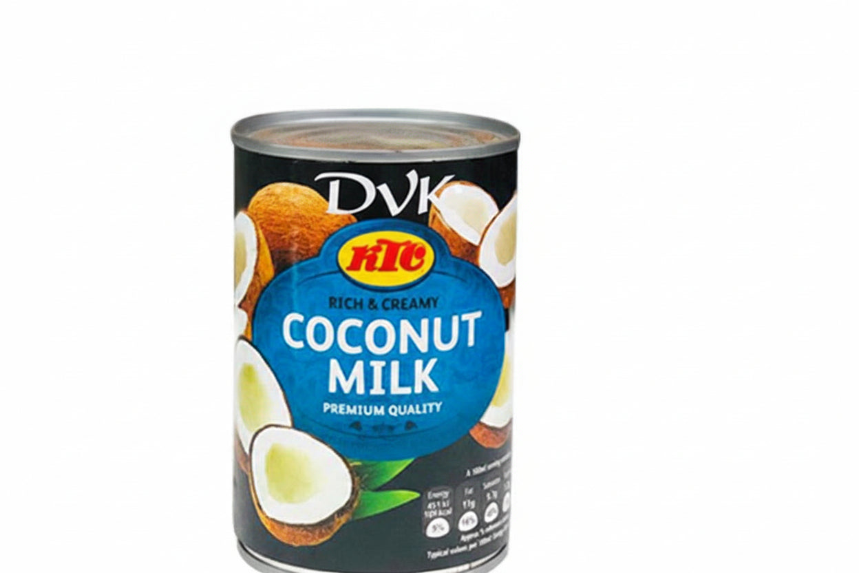 Can of coconut milk with DVK and KTC branding on a white background