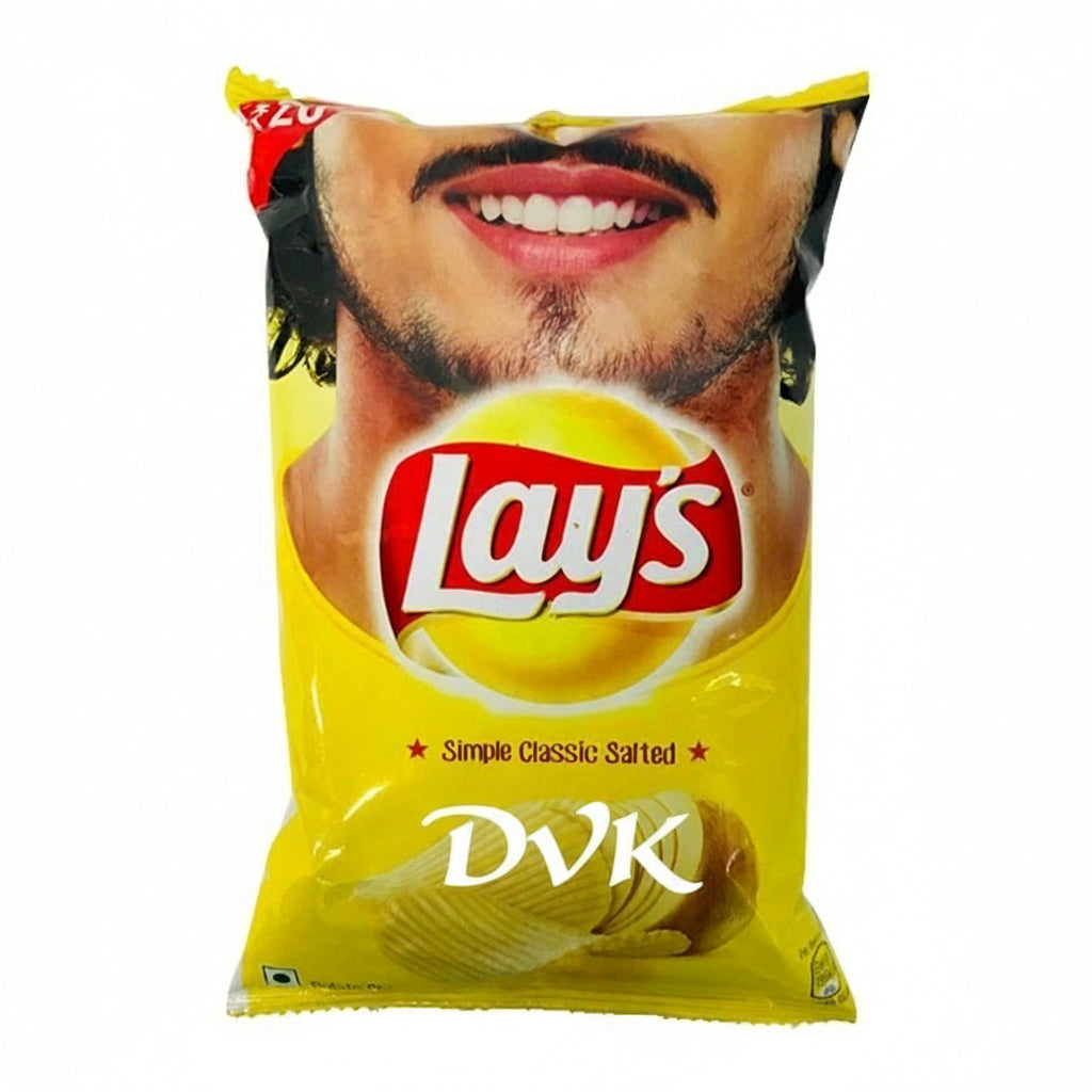 Lay's potato chips bag with a person's face on the packaging