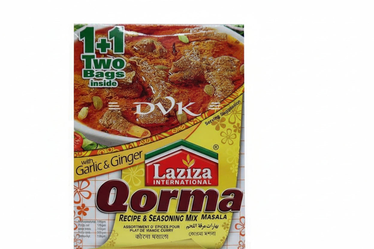 Laziza Qorma seasoning mix packaging with a visual of curry on a white background
