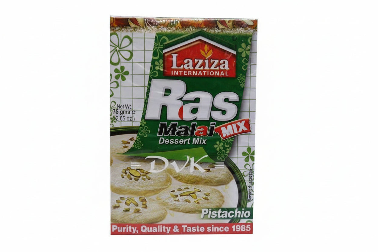Laziza Ras Malai Mix dessert mix packaging with pistachio flavor on a white background