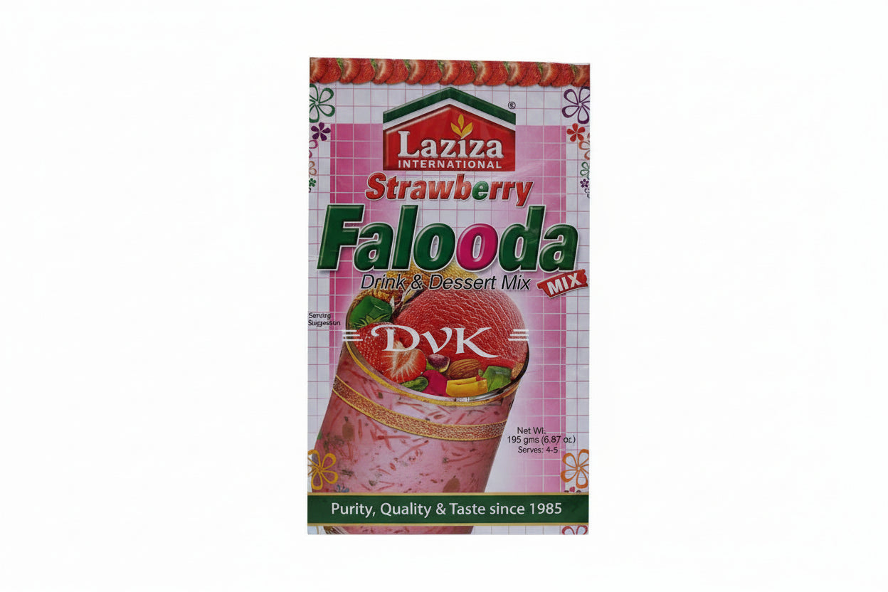 Laziza Strawberry Falooda drink and dessert mix packaging on a white background