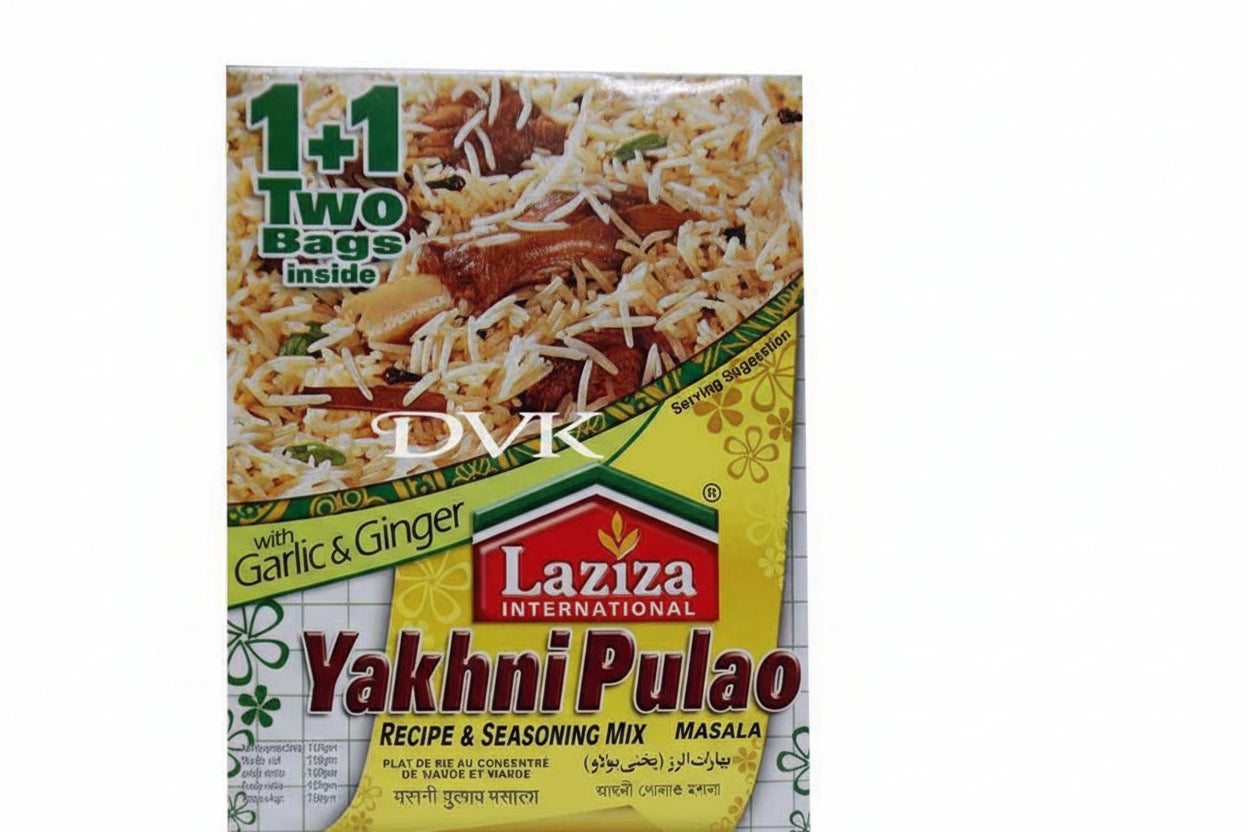 Laziza Yakhni Pulao seasoning mix packaging on a white background