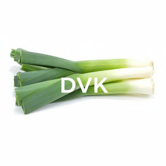 Bunch of green leeks on a white background with 'DVK's' branding.