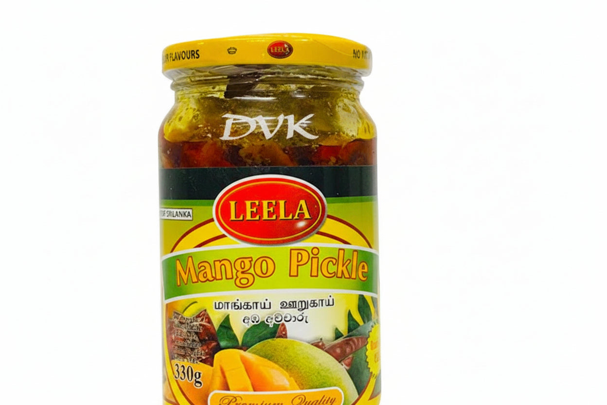 Jar of Leela Mango Pickle on a white background