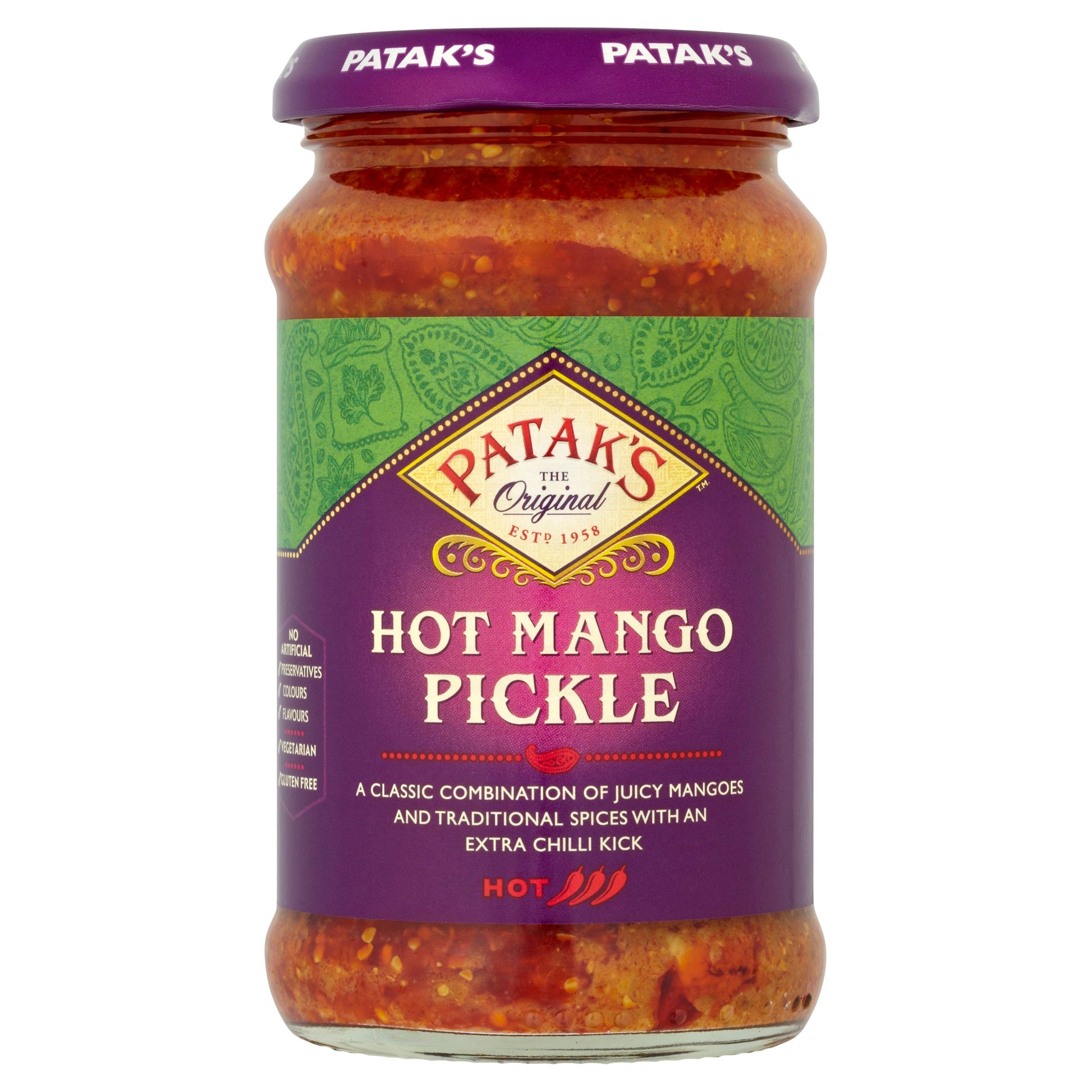 Patak's Hot Mango Pickle jar on a white background