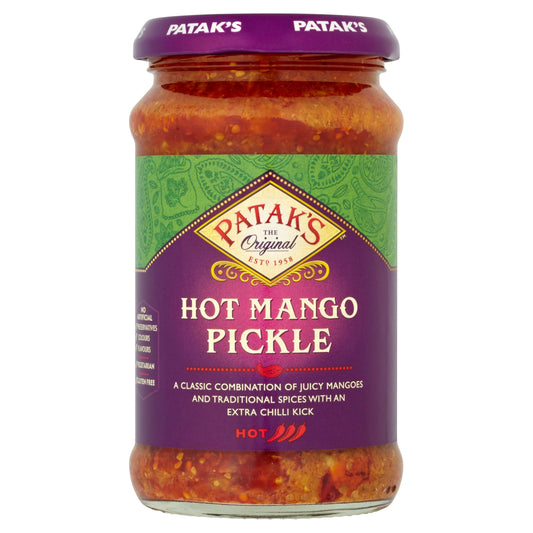 Patak's Hot Mango Pickle jar on a white background