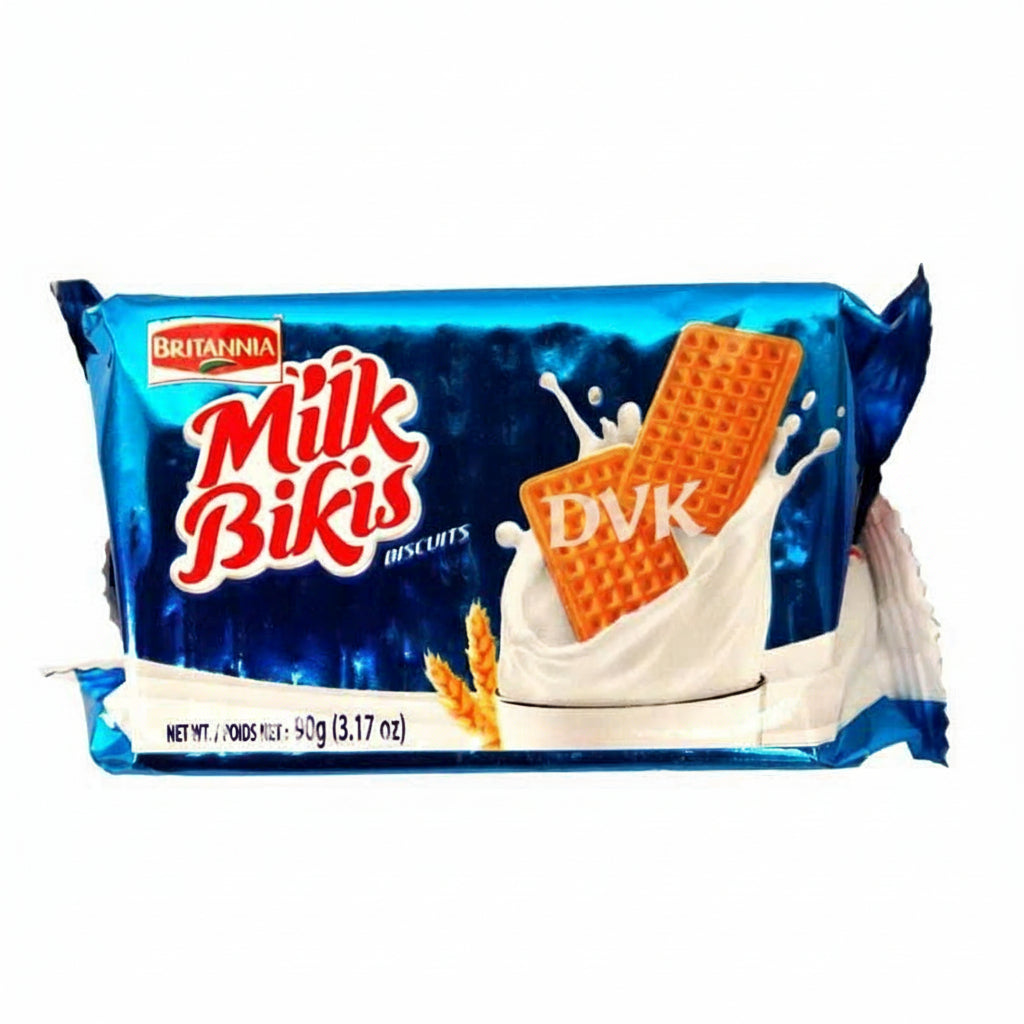 Packaging of Britannia Milk Bikis biscuits with a blue background
