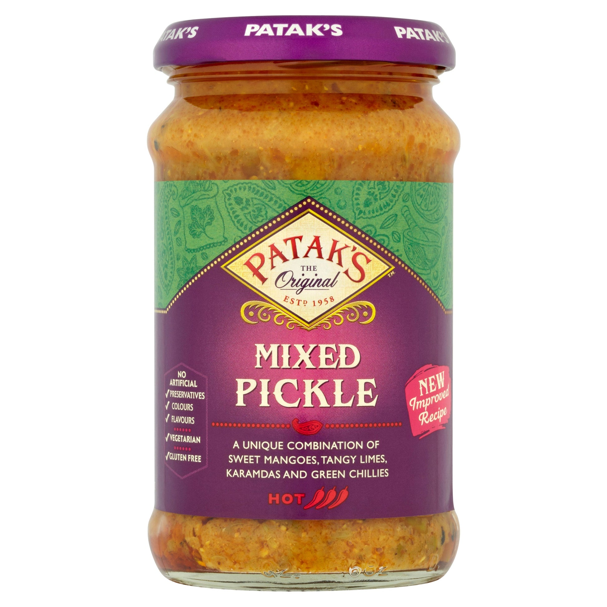 Patak's Mixed Pickle jar with purple lid on a white background