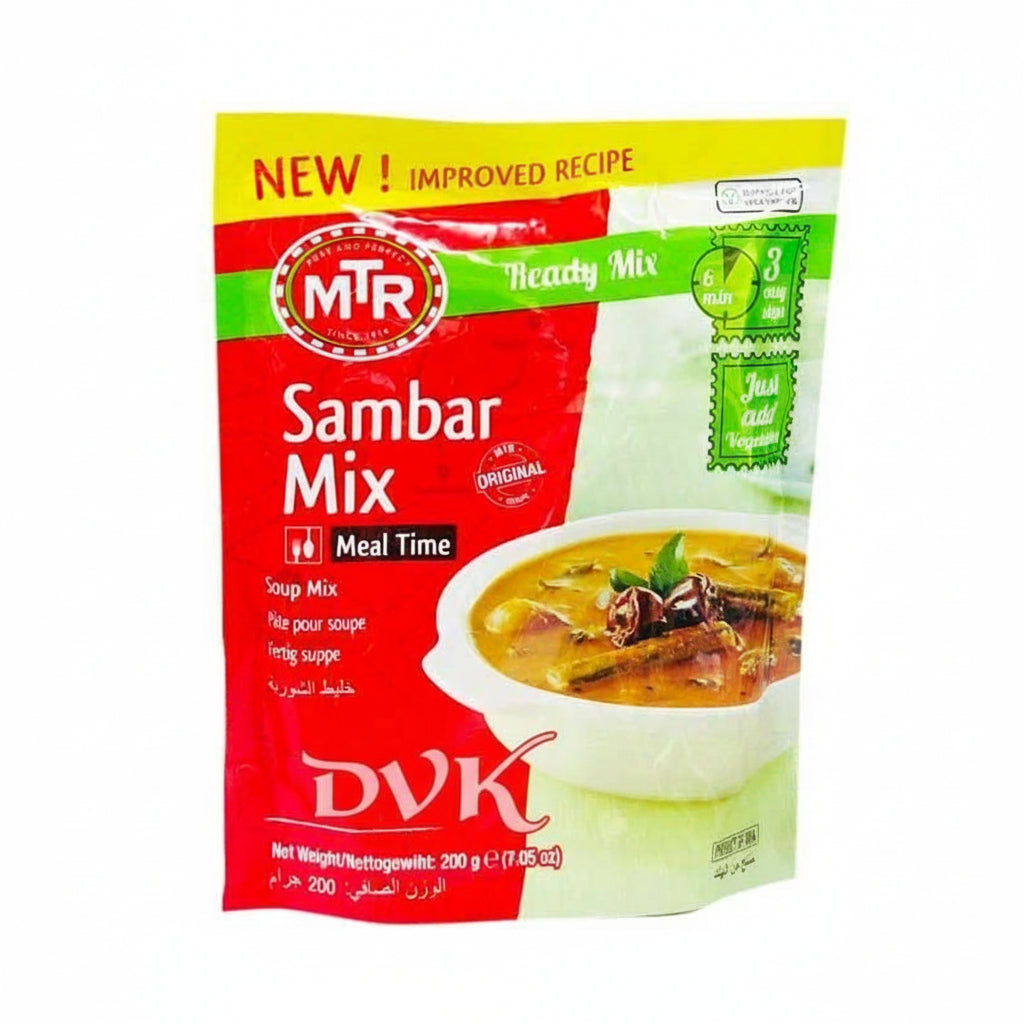 MTR Sambar Mix package with a bowl of soup on a white background