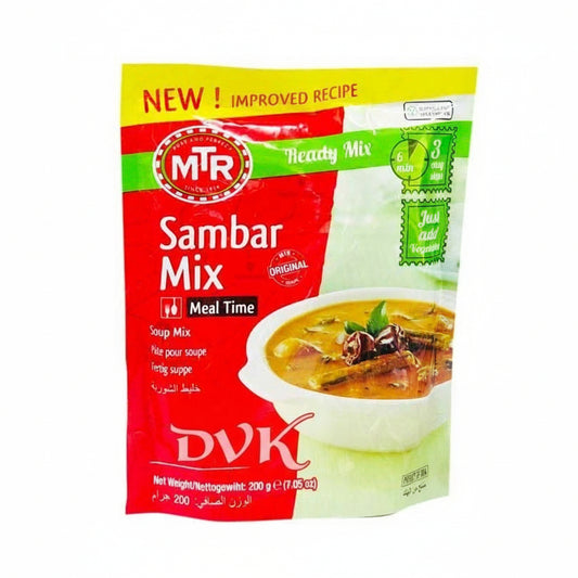 MTR Sambar Mix package with a bowl of soup on a white background