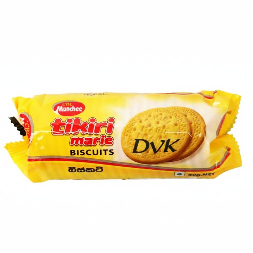 Pack of Tikiri Marie biscuits with yellow packaging on a white background