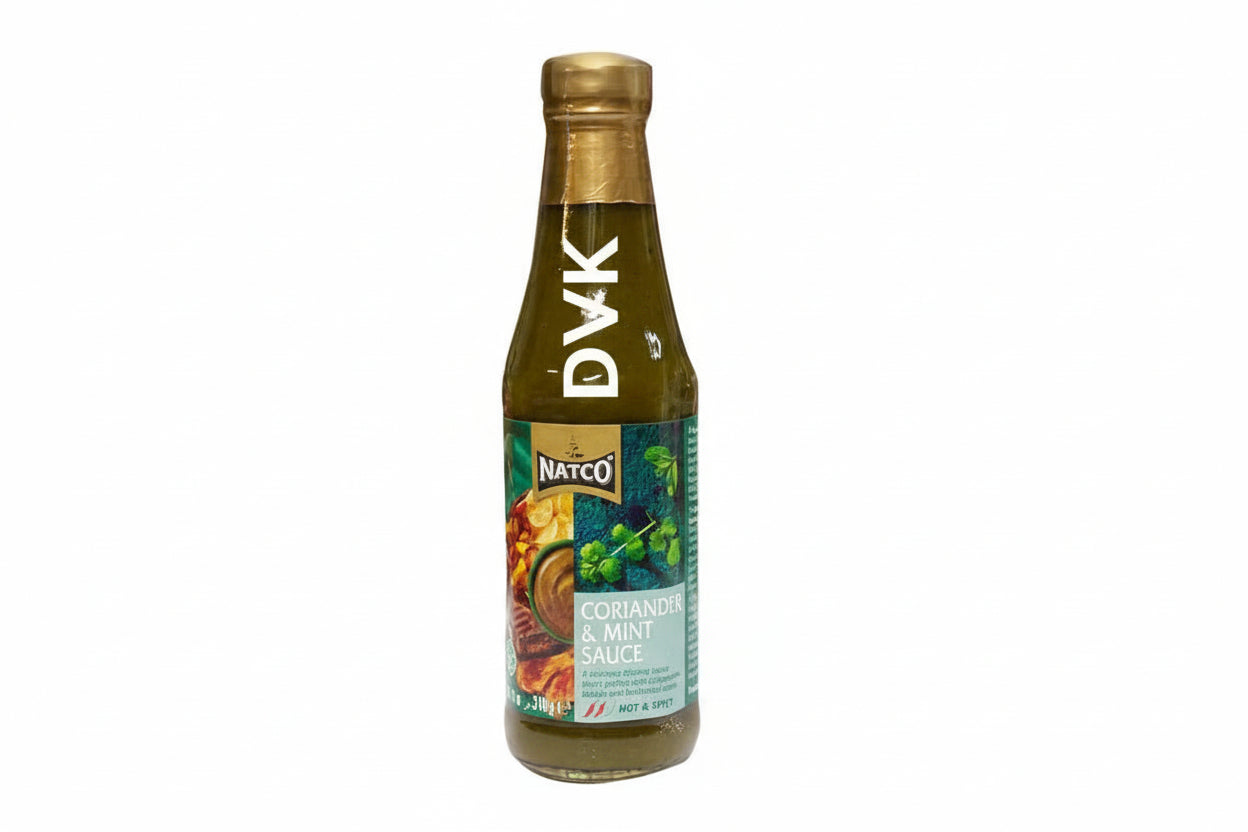 Bottle of Natco Coriander & Mint Sauce on a white background