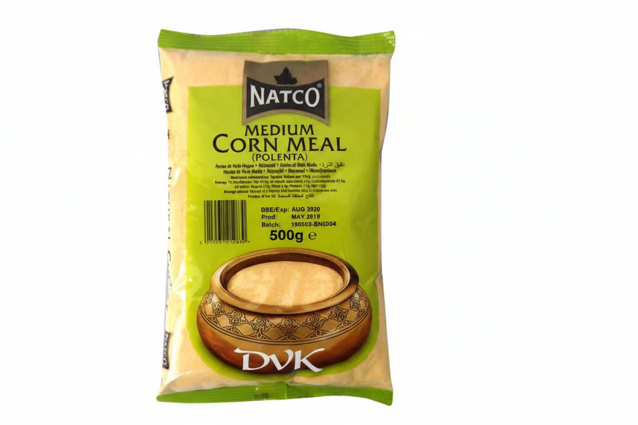 Packaged medium corn meal with Natco branding on a white background
