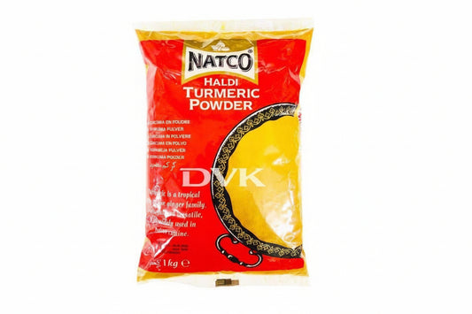 Bag of Natco Haldi Turmeric Powder with a red label and yellow background