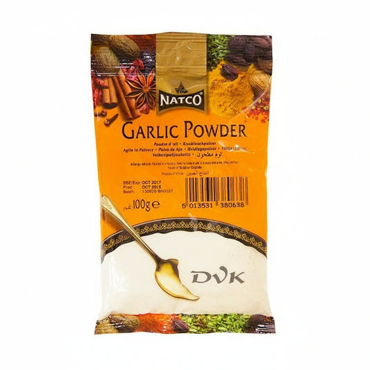 Package of Natco Garlic Powder with branding and product details.