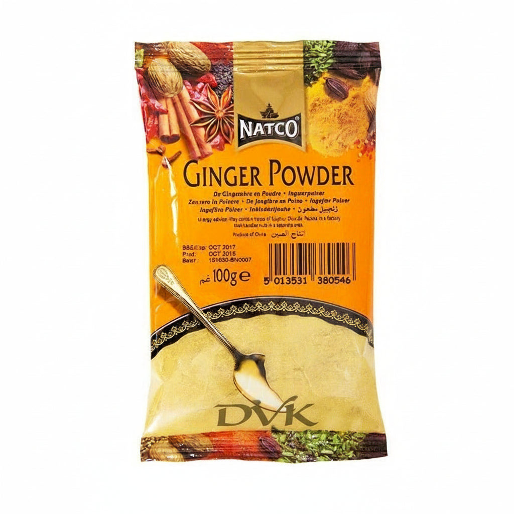 Package of Natco Ginger Powder with images of spices and a spoon on a white background