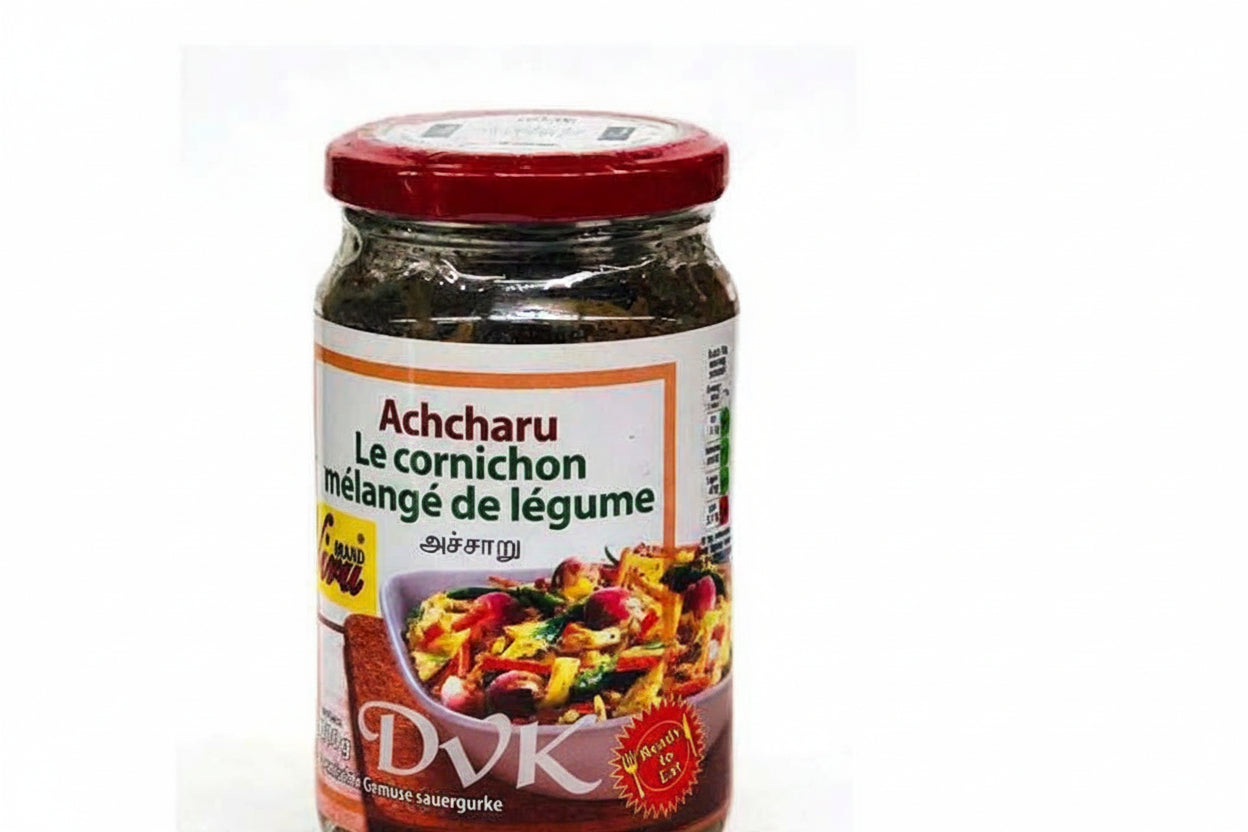 Jar of Achcharu with a red lid on a white background