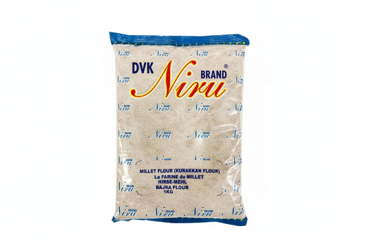 Bag of Brand Niru millet flour on a white background