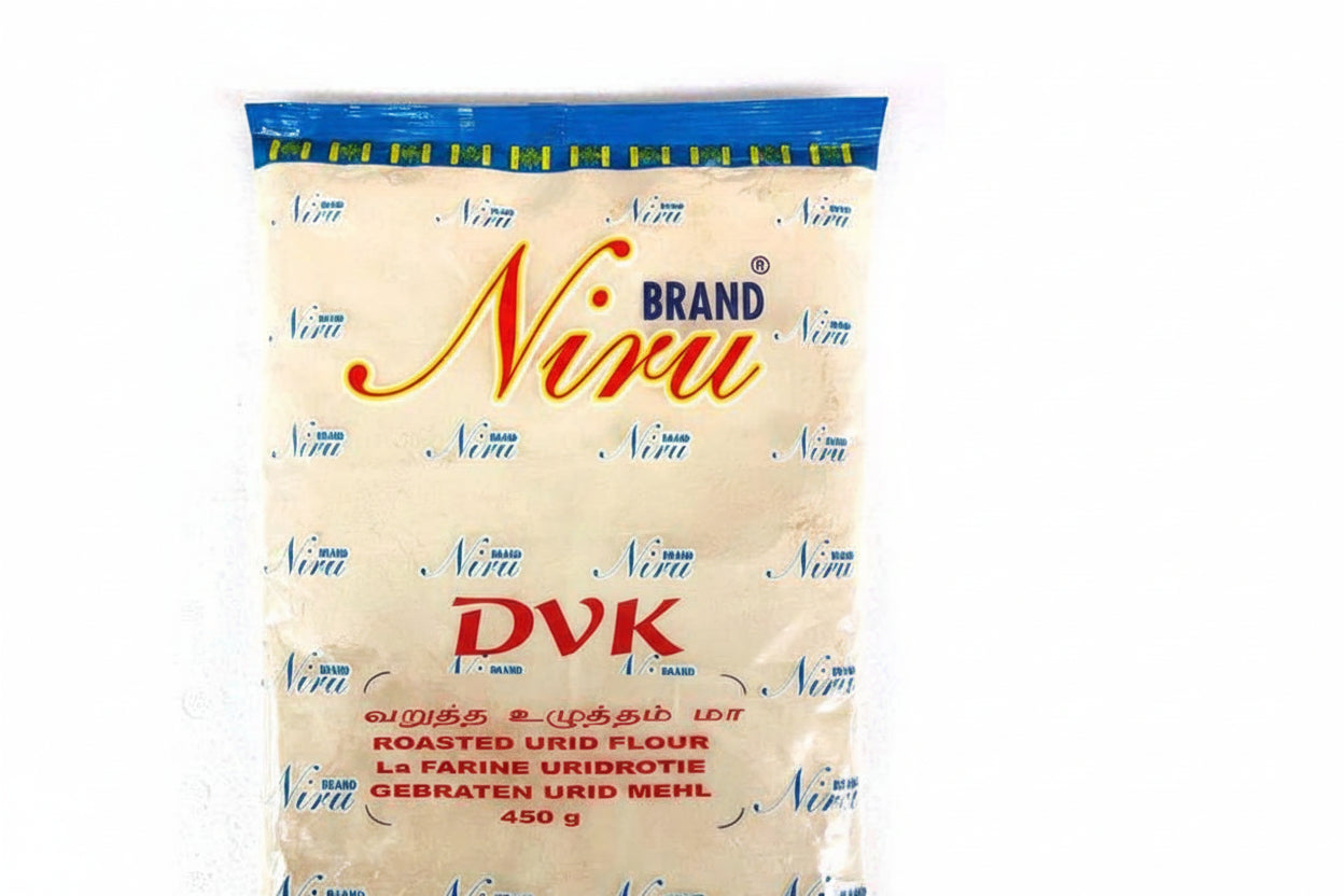 Niru brand roasted urid flour package on a white background