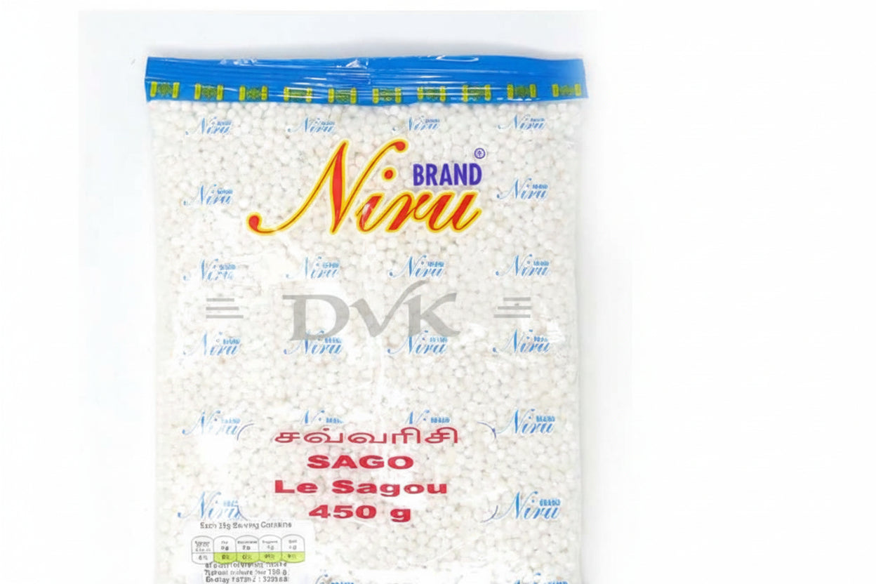 Bag of Niru brand sago pearls on a white background