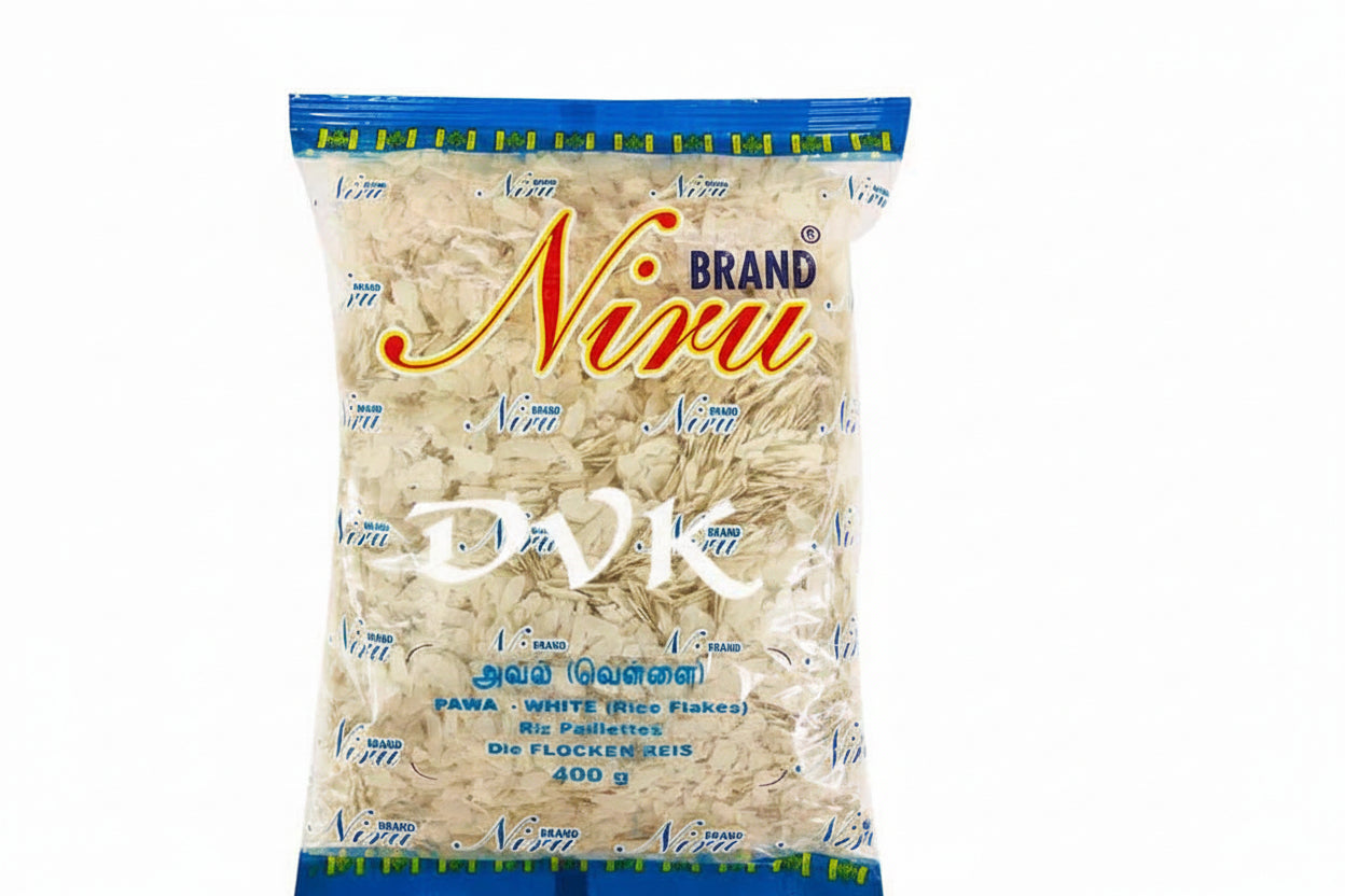 Packaged rice flakes with 'Niru' branding on a white background