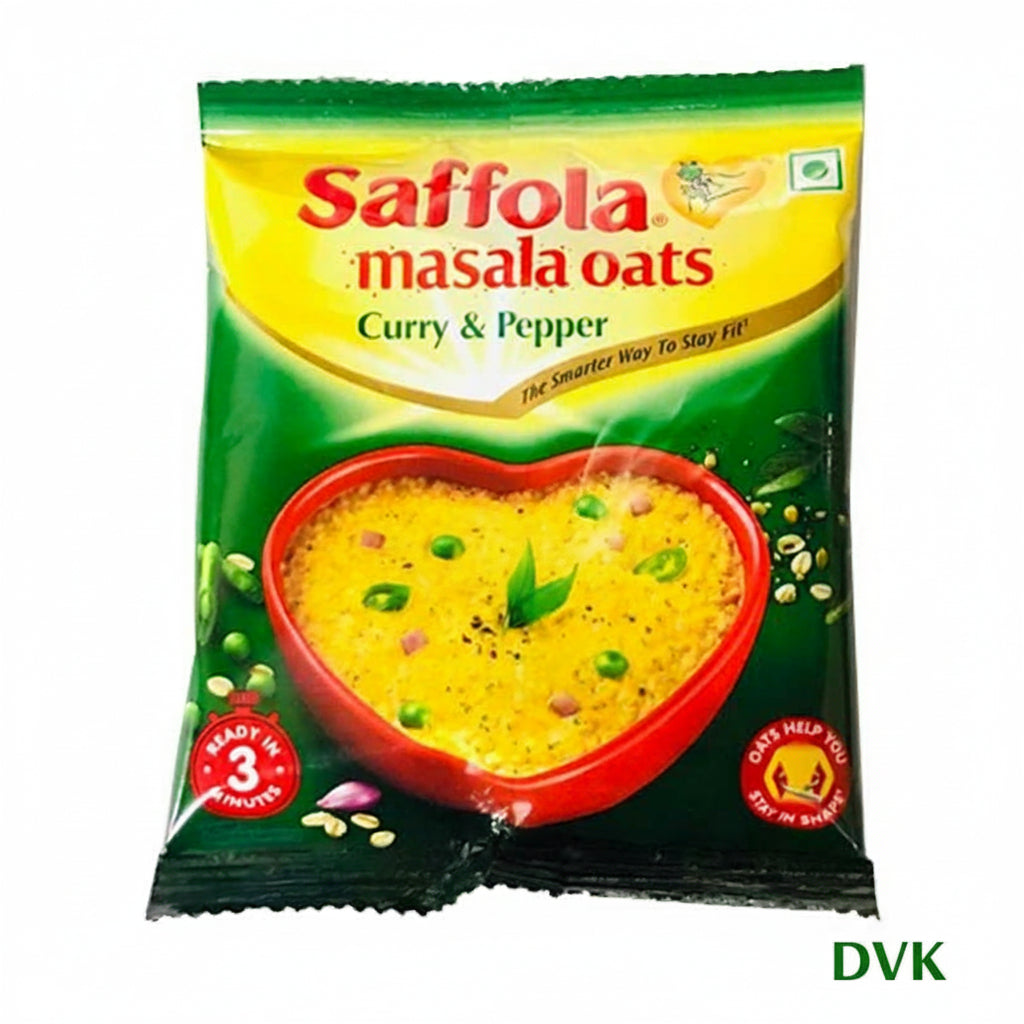Saffola masala oats package with a bowl of curry and pepper flavor on a white background