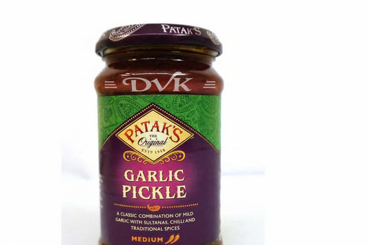 Jar of Patak's Garlic Pickle with a purple label on a white background