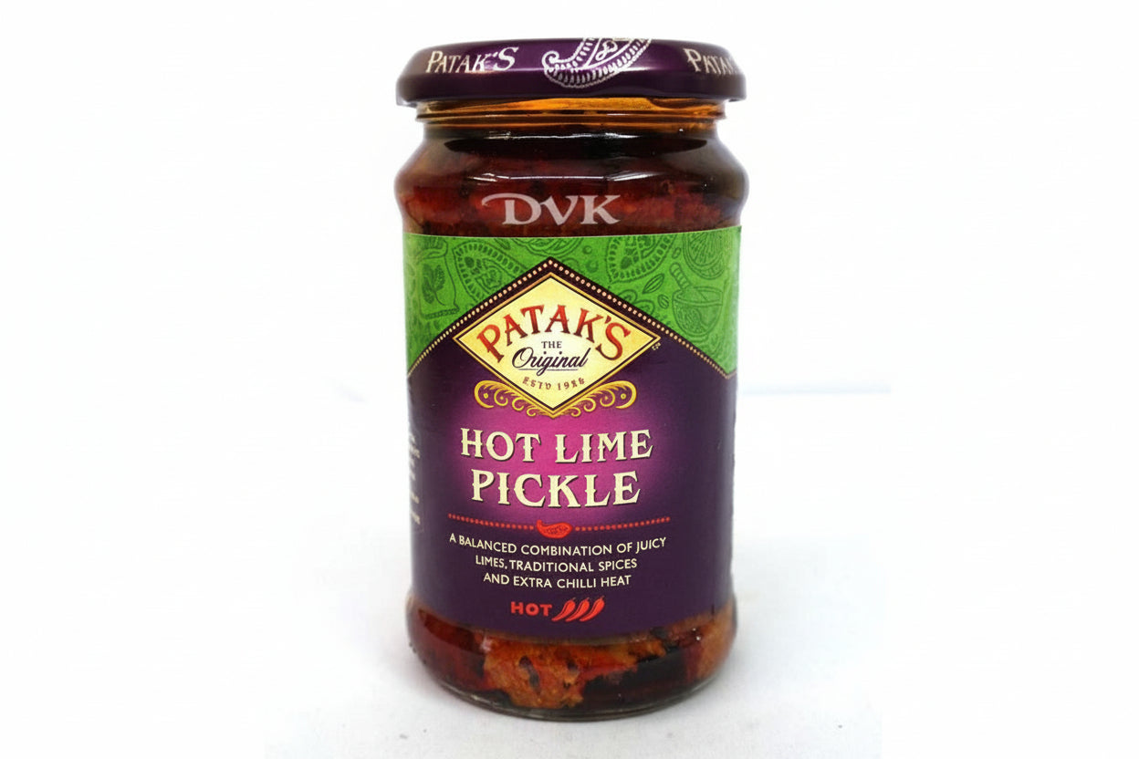 Jar of Pataks Hot Lime Pickle on a white background