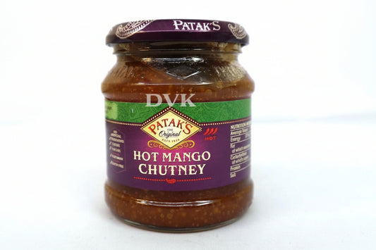 Jar of Patak's Hot Mango Chutney on a white background