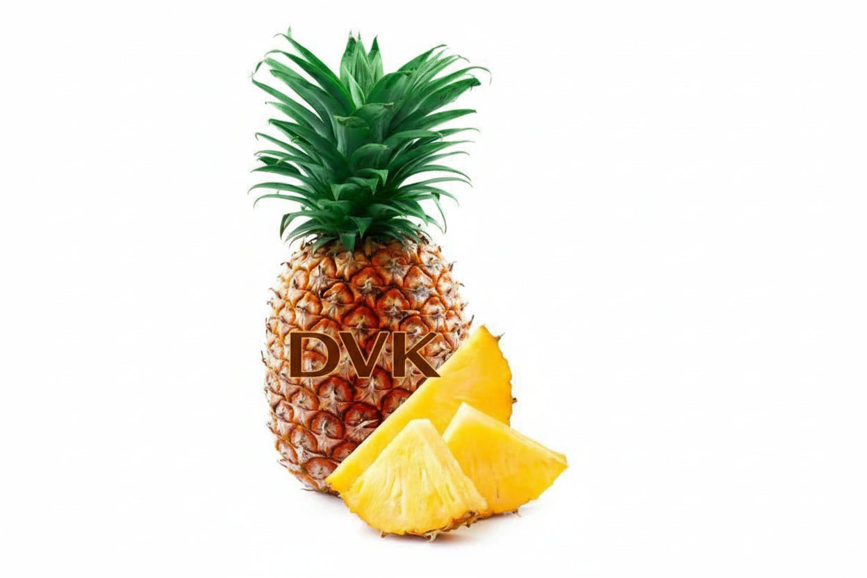 Whole pineapple with two slices on a white background
