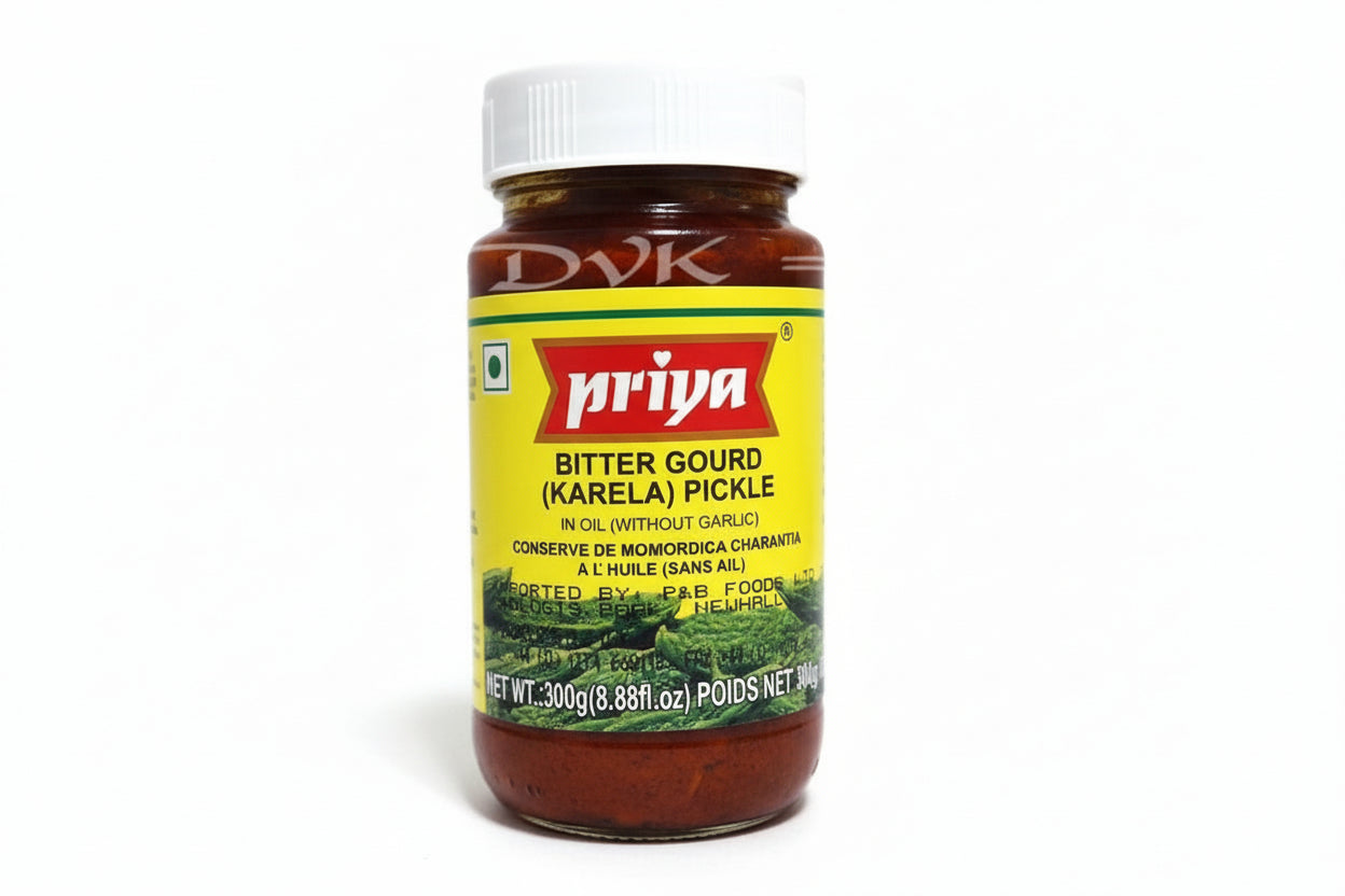 Jar of Priya Bitter Gourd Pickle with a white background