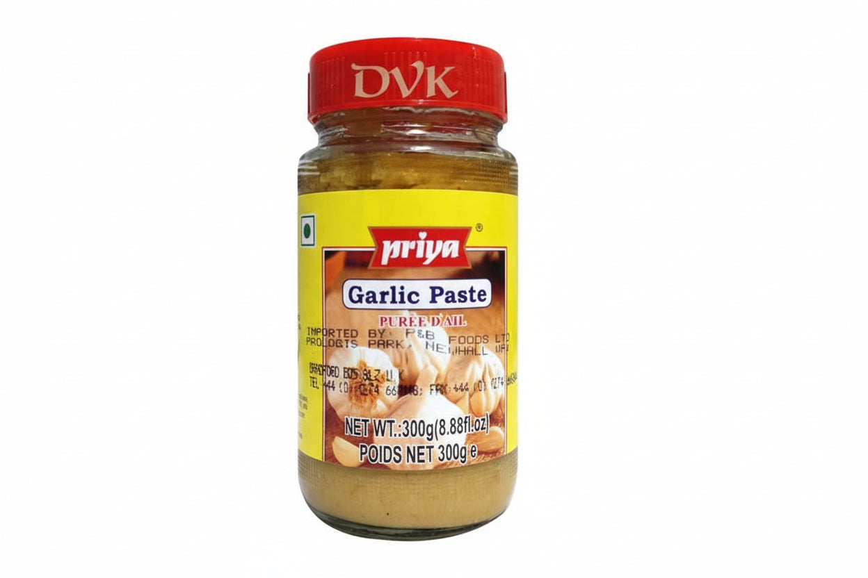 Jar of Priya Garlic Paste with a red lid on a white background