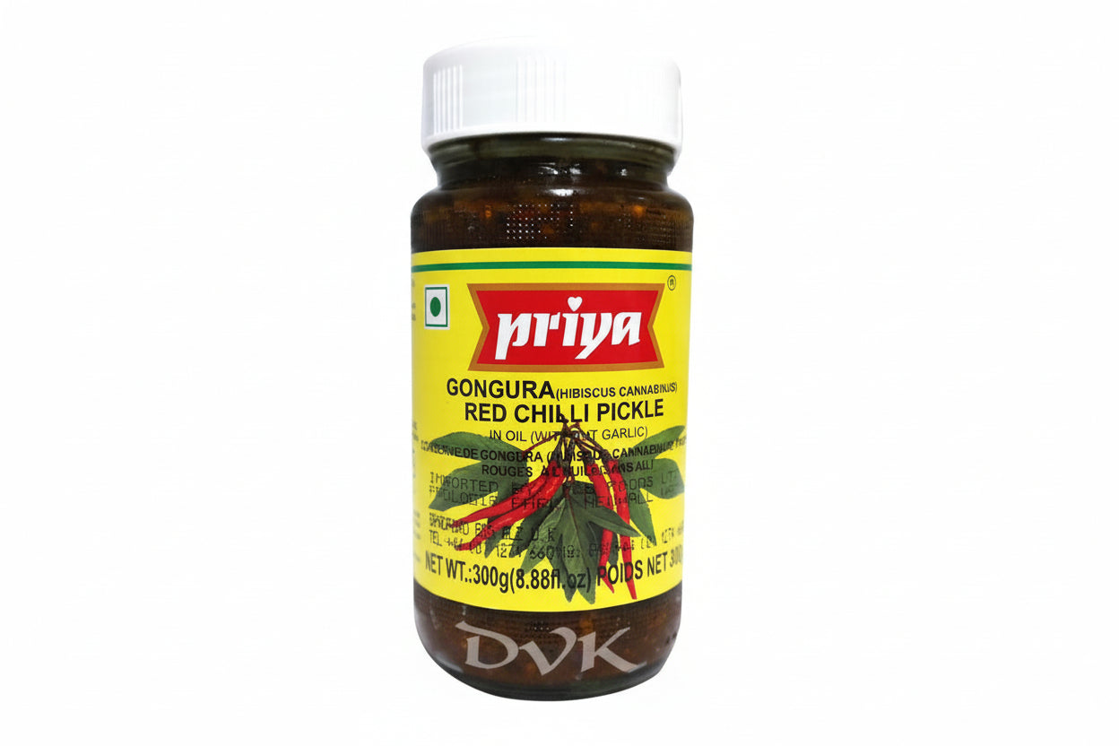 Jar of Priya Gongura Red Chilli Pickle with a yellow label on a white background