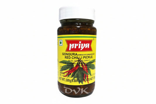 Jar of Priya Gongura Red Chilli Pickle with a yellow label on a white background