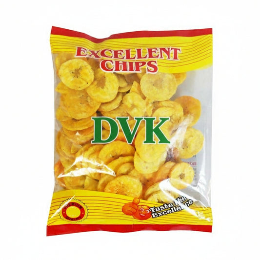 Packaged banana chips with 'Excellent Chips DVK's' branding on a white background