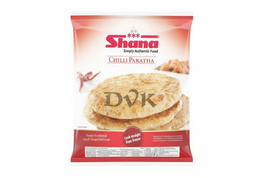 Shana Chilli Paratha packaging with a stack of parathas on a white background